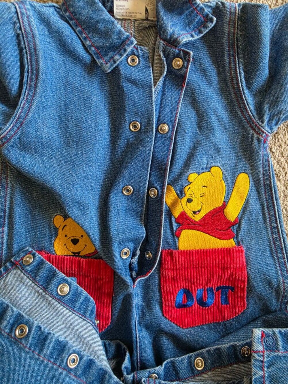 VTG 90s Disney Winnie the Pooh Denim Romper Jumpsuit 18M Bentex In Out Coverall - Picture 5 of 12
